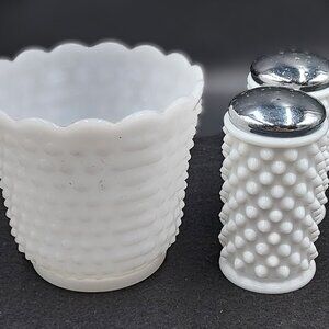 Vintage Fenton Hob Nail Salt & Pepper Shakers and a Fire King Hobnail Milk Glass